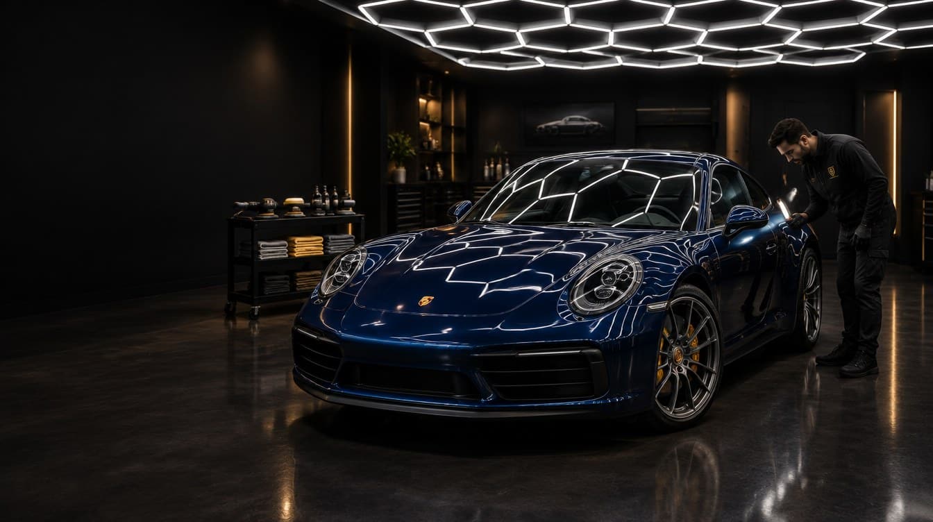 Blauwe Porsche 911 onder het honingraatplafond, een polierder controleert de lak