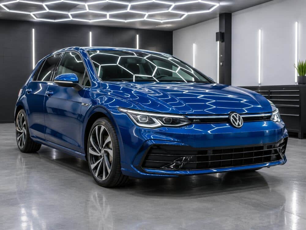 Blauwe Volkswagen Golf in de studio onder het honingraatplafond