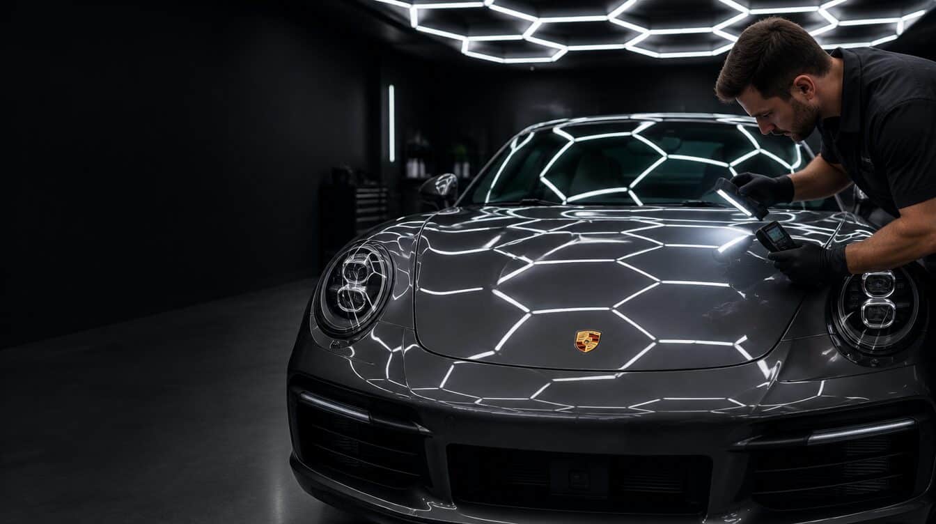 Detailer controleert de beschermfolie op de motorkap van een grijze Porsche 911 met een inspectielamp in de N.A.S-studio