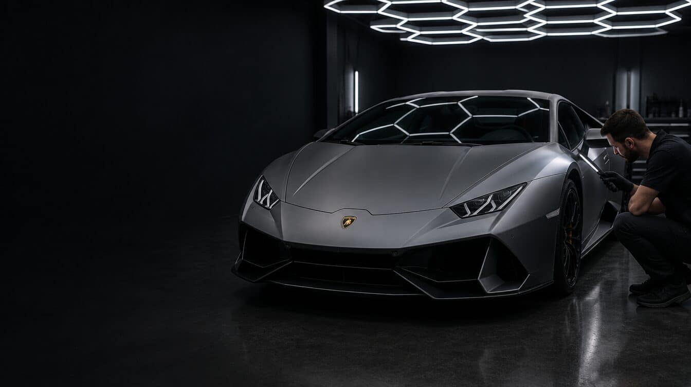 Detailer controleert de randen van de matte folie op een satijngrijze Lamborghini Huracán in de N.A.S-studio