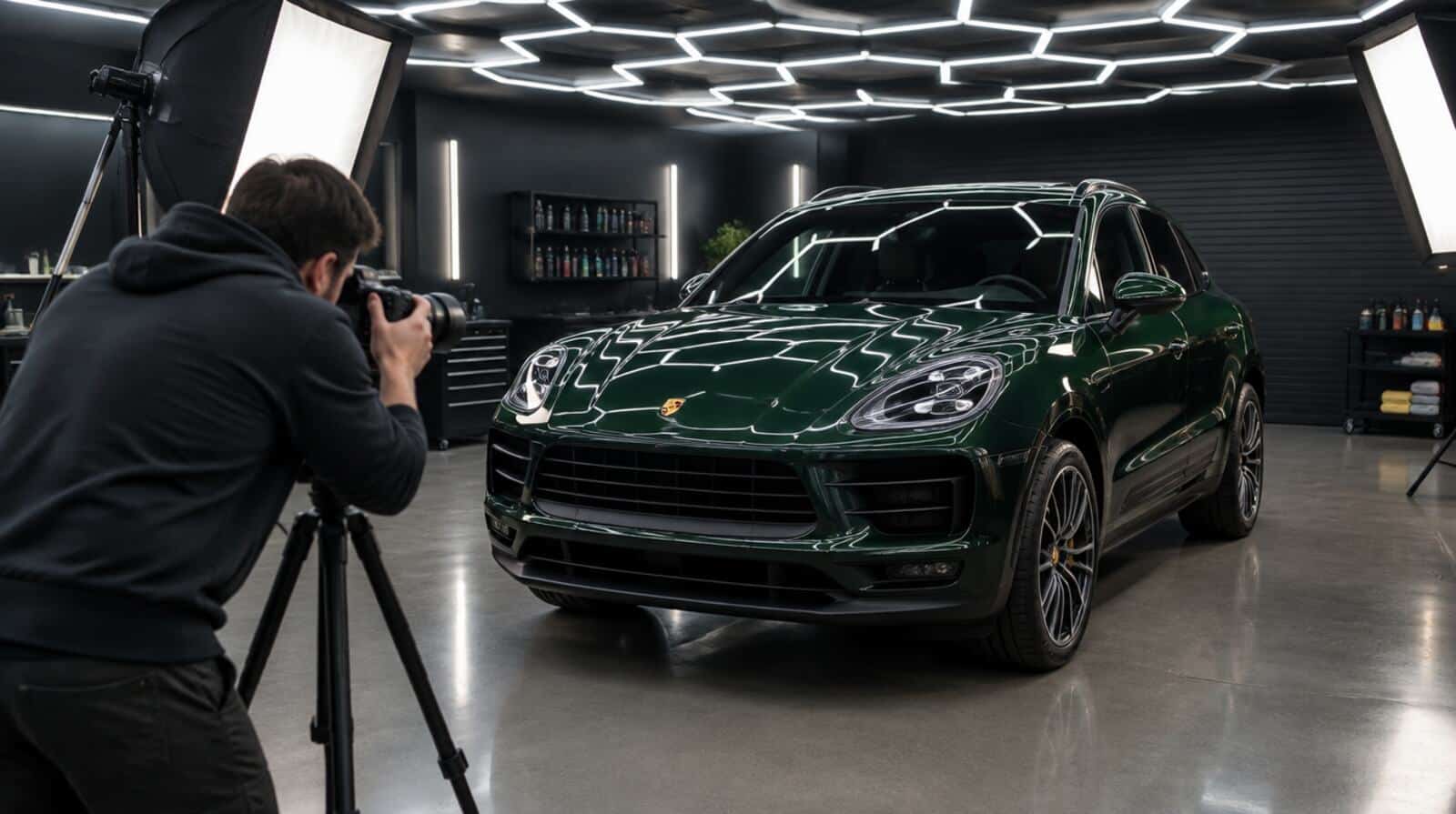 Fotograaf fotografeert een groene Porsche Macan in de N.A.S-studio