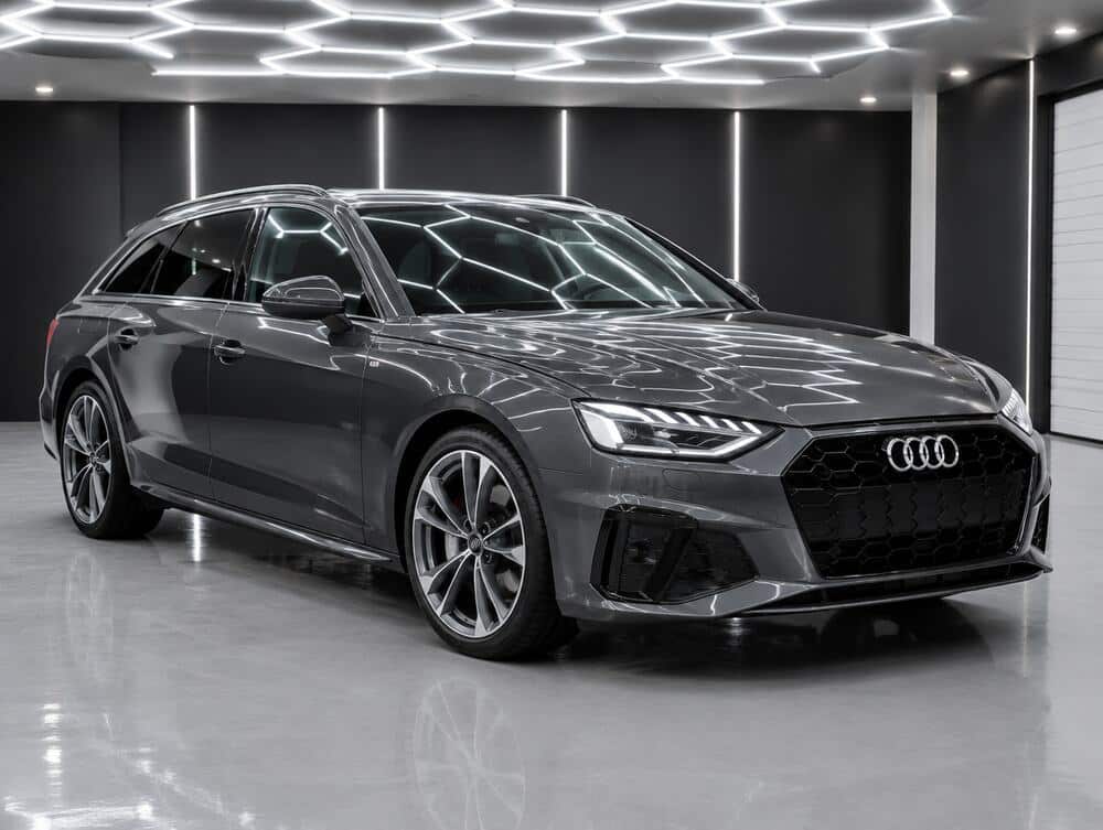 Grijze Audi A4 Avant in de studio onder het honingraatplafond