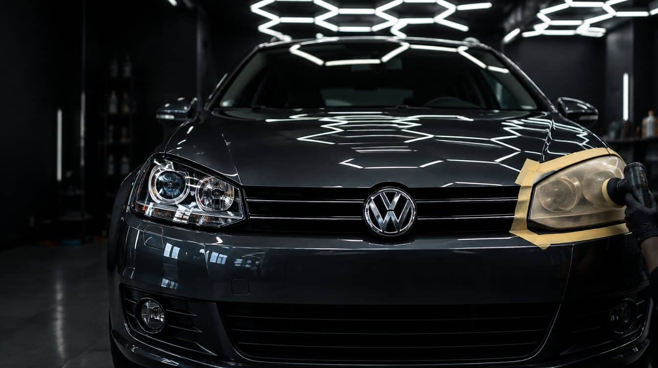 Een heldere en een vergeelde koplamp van een grijze Volkswagen Golf, de vergeelde koplamp wordt gepolijst in de N.A.S-studio