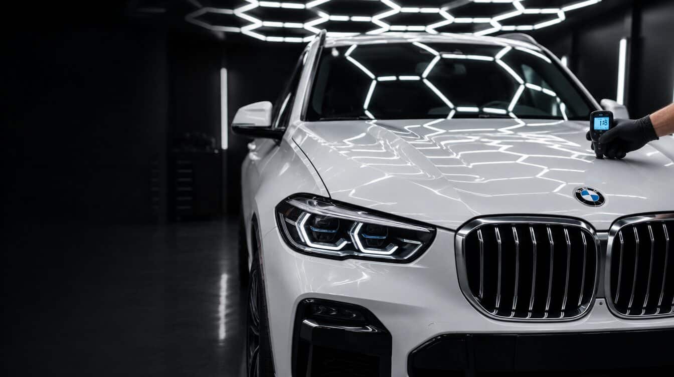 Laagdiktemeting op de motorkap van een nieuwe witte BMW X5 met beschermfolie in de N.A.S-studio