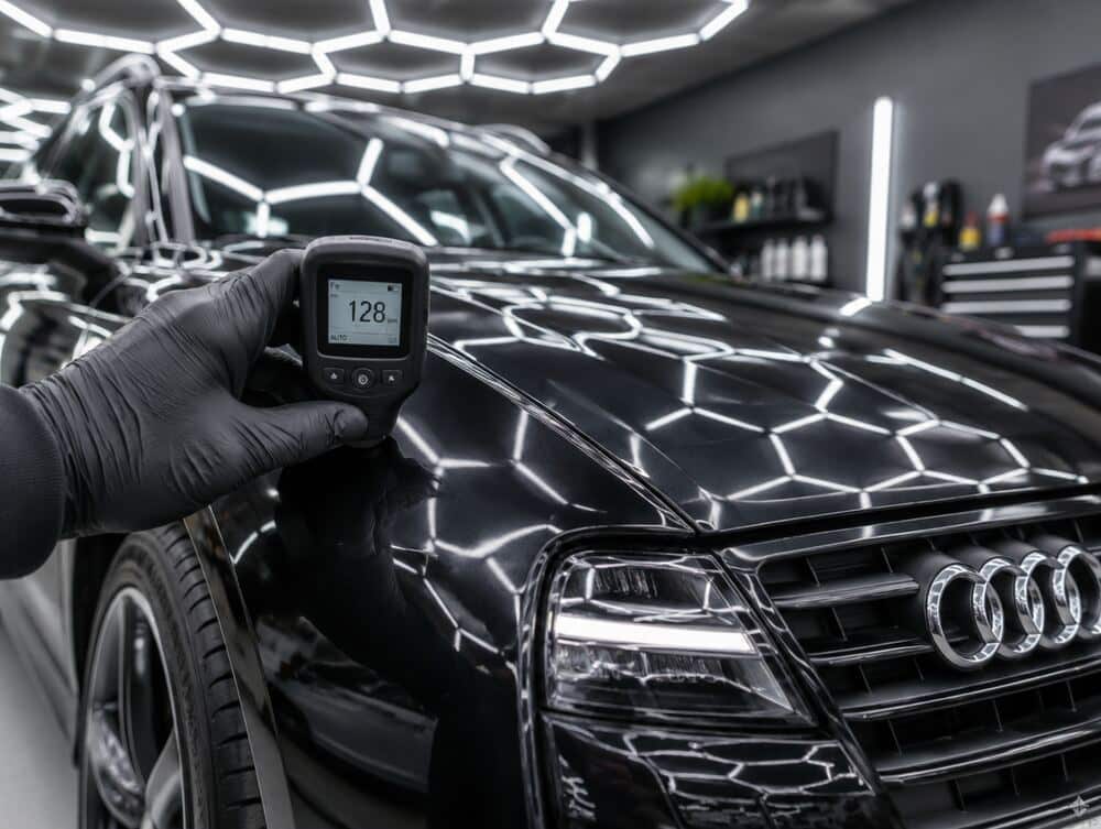 Laagdiktemeting op een zwarte Audi in de studio