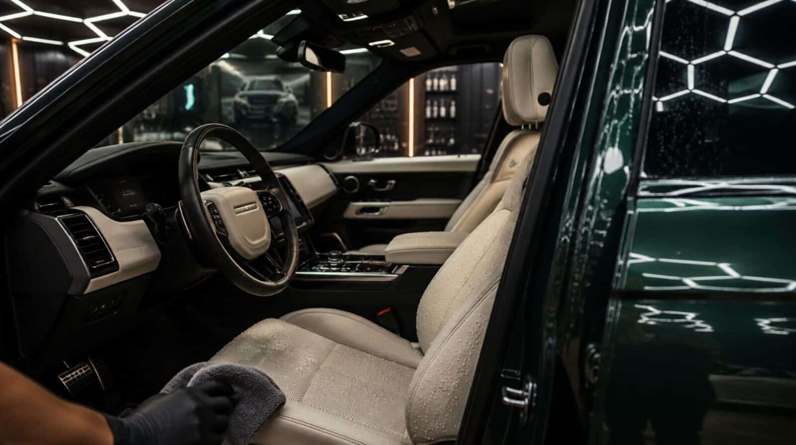 Lederen interieur van een Range Rover in de studio