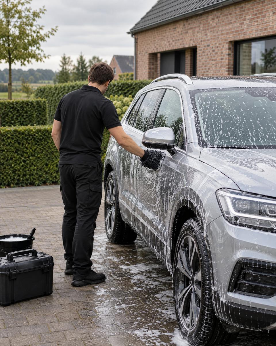 Medewerker wast een zilveren SUV met de hand op een oprit in de Kempen