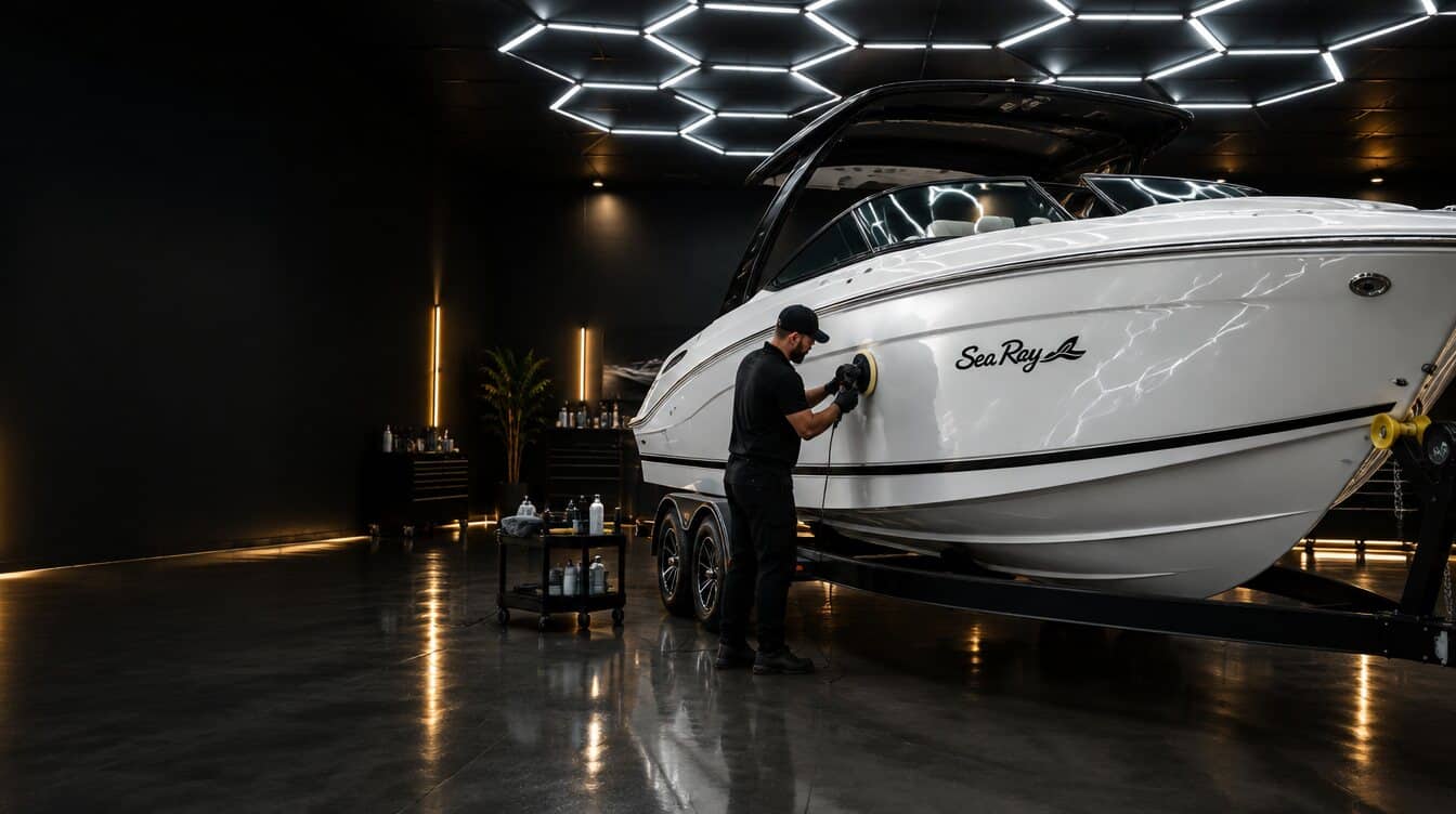Polierder polijst de gelcoat van een witte Sea Ray-boot op een trailer in de N.A.S-studio