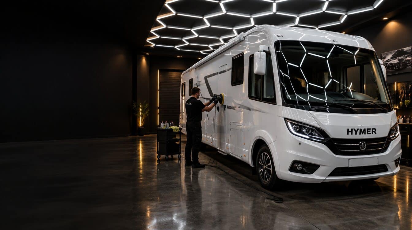 Polierder polijst de zijwand van een witte Hymer-mobilhome onder het honingraatplafond van de N.A.S-studio
