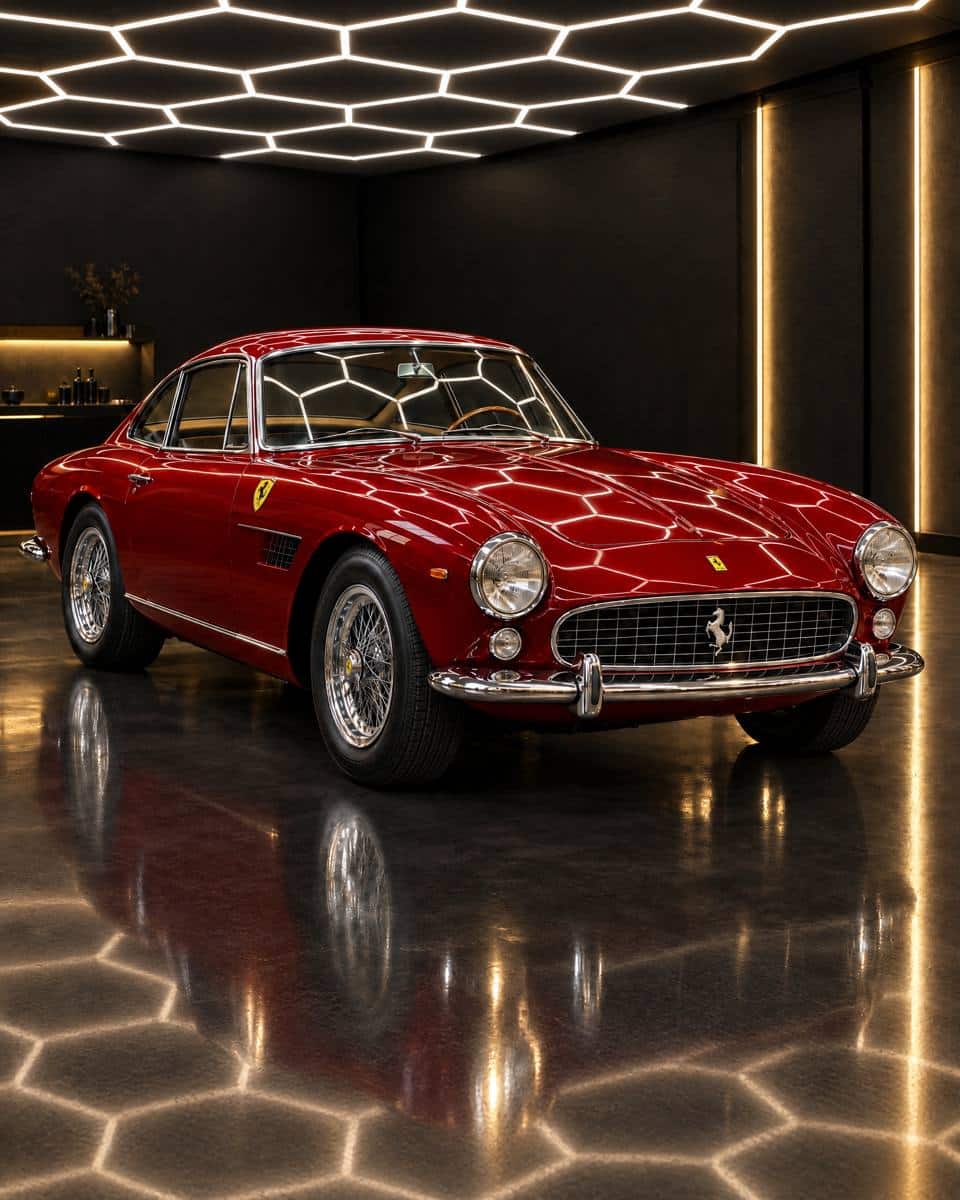 Rode Ferrari 250 GT Lusso onder het honingraatplafond in de studio