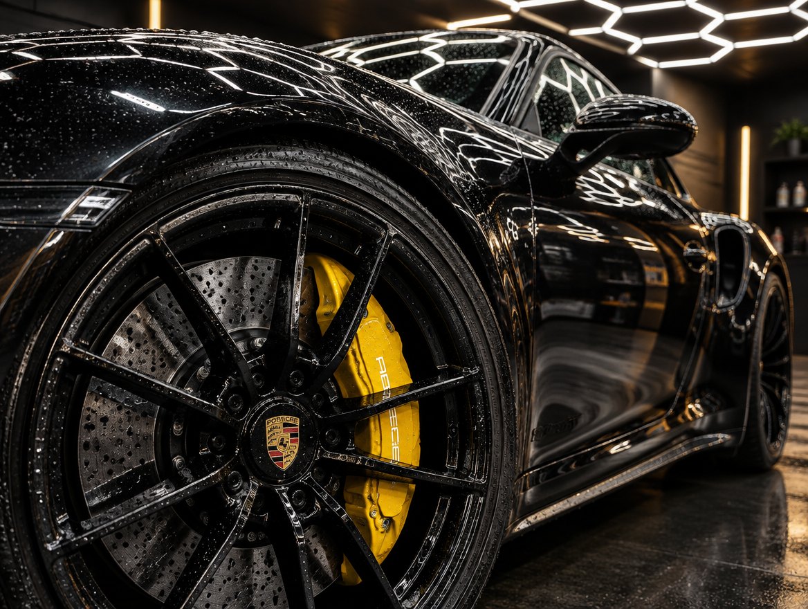 Velg en gele remklauw van een zwarte Porsche 911 met waterparels op de coating, onder het honingraatplafond