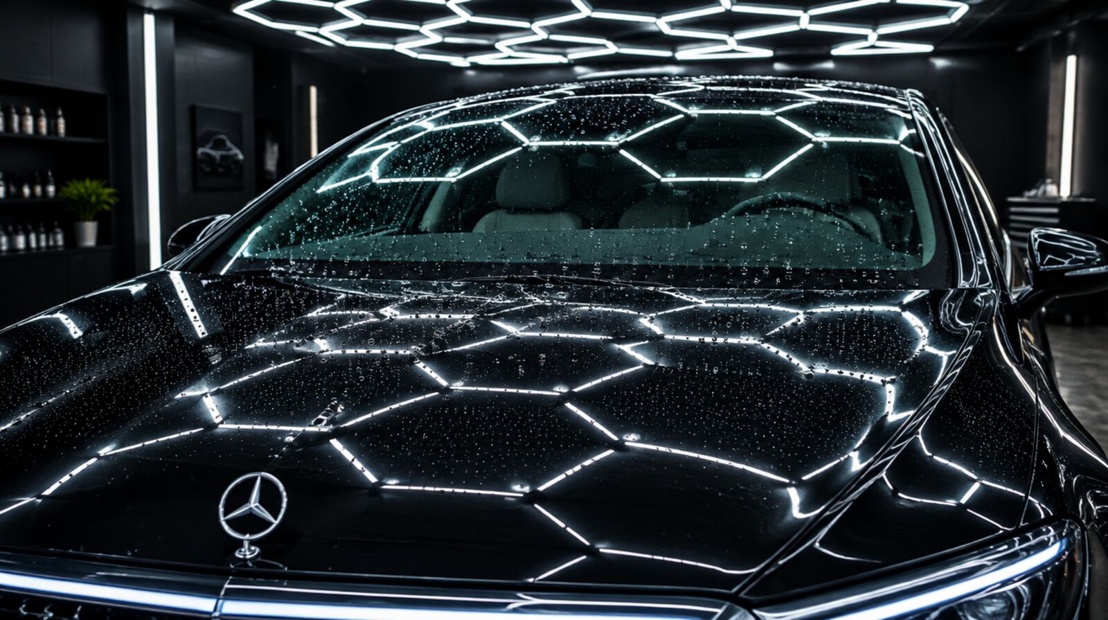 Voorruit en motorkap van een zwarte Mercedes-Benz met waterparels, het honingraatplafond weerspiegelt in het glas