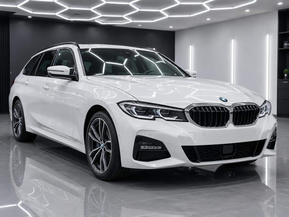 Witte BMW 3 Reeks Touring in de studio onder het honingraatplafond