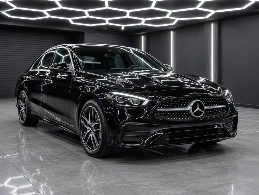 Zwarte Mercedes-Benz C-Klasse in de studio onder het honingraatplafond