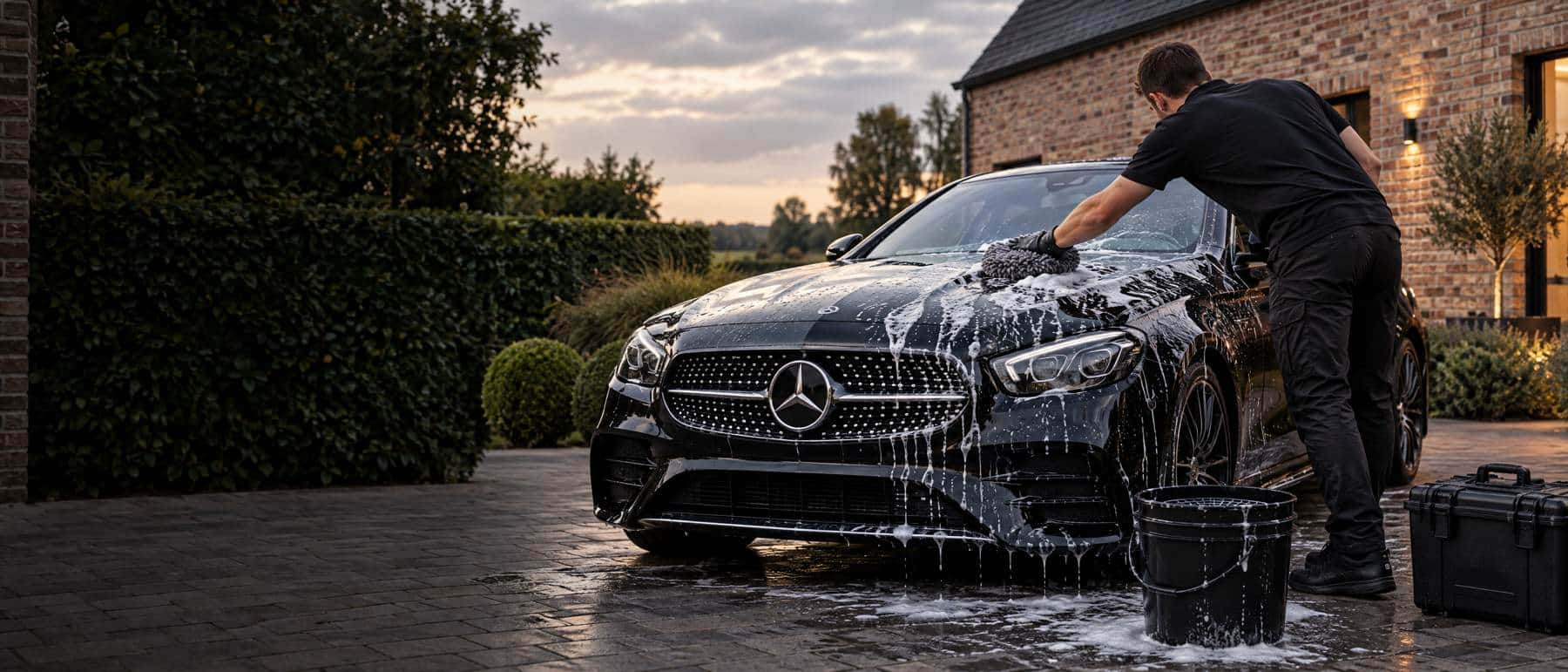 Zwarte Mercedes wordt met de hand gewassen met een zachte washandschoen